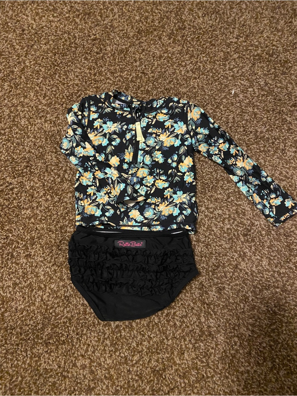 Ruffle Butts Black Floral Swim Top with Aqua and Yellow Flowers